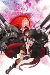 Rule 34 | 10s, 1girl, absurdly long hair, asymmetrical legwear, bobhit, boots, breasts, brown eyes, brown hair, cannon, detached sleeves, flower, full body, hair flower, hair ornament, highres, kantai collection, large breasts, long hair, looking at viewer, mecha musume, miniskirt, mismatched legwear, oil-paper umbrella, personification, ponytail, single thighhigh, skirt, solo, thighhighs, umbrella, very long hair, yamato (kancolle)