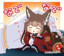 Rule 34 | 1boy, 1girl, 1koma, :d, amagi-chan (azur lane), animal ear fluff, animal ears, azur lane, blunt bangs, brown hair, closed eyes, comic, commander (azur lane), commentary request, eyeshadow, fox ears, fox girl, fox tail, gloves, hair between eyes, hair ornament, happy, head tilt, headpat, japanese clothes, kitsune, kyuubi, long hair, long sleeves, makeup, mini person, minigirl, multiple tails, open mouth, out of frame, rope, seiza, shimenawa, sidelocks, sitting, size difference, smile, tail, taisa (kari), thick eyebrows, twintails, white gloves, wide sleeves