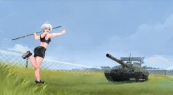 Rule 34 | 1girl, ahoge, ass, bike shorts, black shorts, black sports bra, blue sky, breasts, cloud, commentary, commission, cope cage, crop top, english commentary, fence, full body, grass, heart, heart ahoge, highres, holding, holding polearm, holding weapon, javelin (spear), medium breasts, military, military vehicle, motor vehicle, muscular, muscular female, open mouth, original, polearm, pun, red eyes, russo-ukrainian war, short hair, shorts, sky, smile, solo, sports bra, standing, standing on one leg, t-72, tank, usergore, weapon, white hair