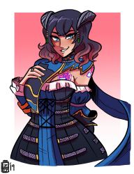 Rule 34 | 1girl, black hair, bloodstained: ritual of the night, blue eyes, blush, breasts, brown hair, detached sleeves, gauntlets, gradient hair, hair between eyes, hair ornament, highres, horns, looking at viewer, miriam (bloodstained), multicolored hair, pale skin, scruffyturtles, short hair, simple background, smile, solo, stained glass, tattoo