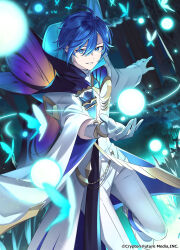 Rule 34 | 1boy, blue eyes, blue hair, bug, butterfly, commentary request, copyright notice, dark blue hair, fairy wings, fantasy, foreshortening, gloves, glowing butterfly, hair between eyes, highres, hooded robe, insect, kaito (vocaloid), looking at viewer, male focus, night, pants, parted lips, robe, senobi (senoby), short hair, smile, solo, standing, vocaloid, white gloves, white pants, white robe, wings