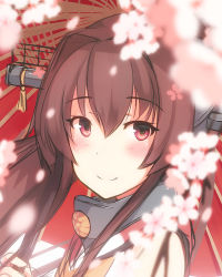 Rule 34 | 10s, 1girl, bad id, bad pixiv id, brown hair, cherry blossoms, close-up, headgear, kantai collection, long hair, looking at viewer, personification, red eyes, shuuichi, smile, solo, umbrella, yamato (kancolle)