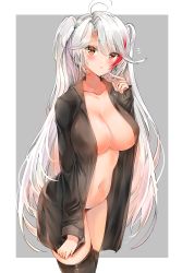 Rule 34 | 1girl, absurdres, antenna hair, azur lane, black shirt, black thighhighs, blush, border, breasts, brown eyes, cleavage, collarbone, grey background, highres, large breasts, long hair, long sleeves, looking at viewer, multicolored hair, navel, open clothes, open mouth, open shirt, prinz eugen (azur lane), shirt, silver hair, solo, streaked hair, swept bangs, thighhighs, thighs, two side up, white border, yukineko1018