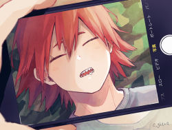 Rule 34 | 1boy, adcalcium, boku no hero academia, close-up, commentary request, closed eyes, hair between eyes, highres, holding, holding phone, kirishima eijirou, male focus, open mouth, phone, red hair, shirt, short hair, signature, sleeping, solo, spiked hair, taking picture, white shirt