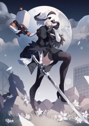 Rule 34 | 1girl, black blindfold, black dress, black hairband, blindfold, boots, breasts, cleavage cutout, clothing cutout, commentary, dress, english commentary, gloves, hairband, high heels, highres, juliet sleeves, long sleeves, medium breasts, moon, nier (series), nier:automata, pod (nier:automata), puffy sleeves, saiivia, short hair, sword, thigh boots, thighhighs, weapon, white hair, 2b (nier:automata)