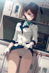 Rule 34 | 10s, 1girl, 40hara, airplane interior, angry, arm at side, bandana, blue eyes, blue hat, blue skirt, blush, bow, bow panties, breast pocket, breasts, brown hair, buttons, chromatic aberration, clothes lift, disgust, dutch angle, female focus, film grain, flight attendant, garrison cap, gloves, grey eyes, groin, gusset, hat, highres, indoors, iya na kao sare nagara opantsu misete moraitai, jacket, kitchen, lifting own clothes, looking at viewer, medium breasts, miniskirt, multi-strapped panties, open mouth, original, oven, panties, panties under pantyhose, pantyhose, pocket, scowl, see-through, see-through legwear, shaded face, short hair, skirt, skirt lift, sleeves past elbows, sleeves pushed up, solo, standing, swept bangs, travel attendant, underwear, uniform, v-shaped eyebrows, white gloves, white jacket, white panties