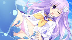 Rule 34 | 10s, 1girl, blush, censored, clothing aside, d-pad, female focus, hair ornament, highres, long hair, matching hair/eyes, mosaic censoring, nepgear, neptune (series), one eye closed, panties, panties aside, purple eyes, purple hair, slime, solo, striped clothes, striped panties, tentacles, underwear, vaginal, wince
