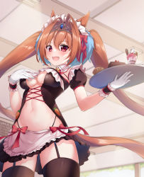 Rule 34 | 1girl, :d, absurdres, animal ears, antenna hair, apron, bad id, bad pixiv id, black skirt, black thighhighs, blush, bow, breasts, brown hair, commentary request, cowboy shot, cupcake, daiwa scarlet (umamusume), fang, food, frilled apron, frills, garter straps, gloves, hair bow, hair intakes, hand on own chest, highres, holding, holding tray, horse ears, horse girl, ice cream, indoors, long hair, looking at viewer, maid headdress, medium breasts, miniskirt, navel, open mouth, pizza (pizzania company), puffy short sleeves, puffy sleeves, red bow, red eyes, red skirt, revealing clothes, short sleeves, skirt, smile, solo, stomach, sundae, thighhighs, tiara, tray, umamusume, underboob, very long hair, waist apron, waitress, white apron, white gloves, wrist cuffs, zettai ryouiki