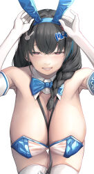 Rule 34 | 1girl, animal ears, bent over, between breasts, blue bow, blue bowtie, blue hair, blue leotard, blush, bowtie, braid, breasts, brown hair, closed eyes, detached collar, elbow gloves, fake animal ears, fake tail, gloves, goddess of victory: nikke, grin, hands on headwear, hanging breasts, huge breasts, id card, leotard, long hair, looking at viewer, mary (medical rabbit) (nikke), mary (nikke), multicolored hair, official alternate costume, playboy bunny, rabbit ears, rabbit tail, red eyes, see-through, see-through leotard, smile, solo, strapless, strapless leotard, streaked hair, tail, thigh gap, thighhighs, umihotaru harumare, unusually open eyes, white gloves, white thighhighs