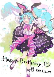 Rule 34 | 1girl, :d, animal ear hairband, animal ears, arms up, black footwear, black hairband, black skirt, blue hair, bow, breasts, commentary request, coyo (pp coyo), detached sleeves, fake animal ears, hairband, highres, idol land pripara, katasumi amari, long hair, looking at viewer, medium breasts, open mouth, pink bow, pink eyes, polka dot, polka dot skirt, pretty series, pripara, puffy detached sleeves, puffy sleeves, rabbit ear hairband, rabbit ears, rabbit pose, shirt, shoes, skirt, smile, socks, solo, standing, twintails, very long hair, white shirt, white socks