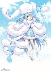 Rule 34 | 1girl, ahoge, altaria, bad id, bad pixiv id, blue eyes, blue hair, blue theme, cloud, coat, creatures (company), dangmill, evolutionary line, fluffy, full body, game freak, gen 3 pokemon, hat, highres, long hair, long sleeves, mega pokemon, nintendo, open mouth, outstretched arms, personification, pokemon, pokemon (creature), sky, swablu, twintails
