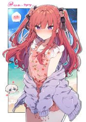 Rule 34 | 1boy, 1girl, anna (ikeuchi tanuma), beach, blush, bow, commentary request, cowboy shot, embarrassed, flower, food print, frilled swimsuit, frills, hair bow, hair flower, hair ornament, highres, ikeuchi tanuma, jacket, long hair, nail polish, ocean, off shoulder, one-piece swimsuit, open clothes, open jacket, original, palm tree, purple eyes, purple jacket, pursed lips, red hair, red nails, rudy (ikeuchi tanuma), smile, spoken blush, strawberry print, swimsuit, tree, twintails, waves