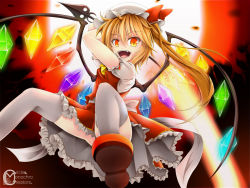 Rule 34 | 1girl, ascot, blonde hair, convenient leg, fang, female focus, flandre scarlet, hat, hat ribbon, inyuppo, laevatein, open mouth, red eyes, ribbon, side ponytail, skirt, skirt set, solo, thighhighs, touhou, white thighhighs, wings