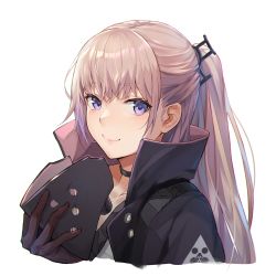 Rule 34 | 1girl, blush, choker, commentary, commission, defy (girls&#039; frontline), english commentary, girls&#039; frontline, gloves, hair between eyes, hair ornament, jacket, light blush, looking at viewer, mask, unworn mask, mod3 (girls&#039; frontline), niac, one side up, pink hair, ponytail, purple eyes, purple gloves, redrawn, sidelocks, simple background, smile, solo, st ar-15 (girls&#039; frontline), st ar-15 (mod3) (girls&#039; frontline), strap, white background