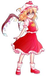 Rule 34 | 1girl, alphes (style), ascot, blonde hair, crazy eyes, crazy smile, dairi, evil smile, flandre scarlet, full body, hat, hat ribbon, mob cap, parody, puffy sleeves, red eyes, red footwear, ribbon, shaded face, shirt, shoes, short sleeves, skirt, skirt set, smile, solo, style parody, touhou, transparent background, vest, wings