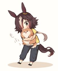 Rule 34 | 1girl, animal, animal ears, animal hug, black footwear, black pants, blush, brown eyes, brown hair, colored shadow, commentary, covered mouth, dog, fluffy, full body, grey hair, hair over one eye, horse ears, horse girl, horse tail, long hair, low ponytail, multicolored hair, nanashi (774umauma), pants, ponytail, shadow, shirt, shoes, short sleeves, simple background, solo, sound effects, streaked hair, tail, twitter username, umamusume, v-shaped eyebrows, very long hair, vodka (umamusume), white background, yellow shirt
