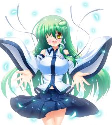 Rule 34 | 1girl, blush, breasts, detached sleeves, female focus, frog hair ornament, green hair, hair ornament, hair tubes, kochiya sanae, large breasts, long hair, open mouth, osashin (osada), ribbon, skirt, smile, snake, snake hair ornament, solo, touhou, wink, yellow eyes