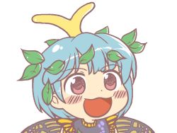 Rule 34 | 1girl, :3, antennae, blue hair, blush stickers, butterfly wings, dot nose, eternity larva, flat color, gyate gyate, hair ornament, ikiyouz, insect wings, leaf, leaf hair ornament, leaf on head, looking at viewer, meme, open mouth, pink eyes, portrait, short hair, smile, solo, swept bangs, tareme, touhou, transparent background, upper body, wings