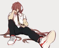 Rule 34 | 1boy, artist name, black pants, black socks, brown hair, collared shirt, commentary, covered mouth, cross-laced footwear, danganronpa (series), danganronpa 2: goodbye despair, elbow on knee, english commentary, full body, gabby (moochisun), green necktie, grey background, hair spread out, hand on own face, highres, kamukura izuru, knee up, long hair, male focus, midriff peek, necktie, necktie grab, neckwear grab, outstretched leg, pants, pocket, red eyes, shaded face, shirt, shoes, short sleeves, simple background, sitting, sneakers, socks, solo, straight hair, very long hair, white footwear, white shirt, white sleeves