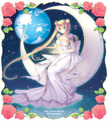 Rule 34 | 1990s (style), 1girl, bad id, bad pixiv id, bare shoulders, bishoujo senshi sailor moon, blonde hair, blue eyes, bow, breasts, crescent, crescent facial mark, crescent moon, double bun, dress, facial mark, flower, forehead mark, full body, gown, hobak, long hair, maboroshi no ginzuishou, moon, on crescent, planet, princess, princess serenity, red flower, red rose, retro artstyle, rose, sailor moon, sitting, solo, tsukino usagi, twintails