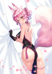 Rule 34 | 1girl, absurdres, animal ear fluff, animal ears, ass, backless dress, backless outfit, bare shoulders, black dress, black gloves, blush, breasts, brown eyes, closed mouth, commentary request, curtain grab, curtains, dress, dutch angle, fate/grand order, fate (series), fox ears, fox girl, fox tail, gloves, hair between eyes, hair ornament, hand up, head tilt, highres, koyanskaya (chinese lostbelt outfit) (fate), koyanskaya (fate), large breasts, long hair, looking at viewer, looking back, motion blur, pelvic curtain, petals, pink hair, shanguier, sleeveless, sleeveless dress, smile, solo, standing, sunlight, tail, tamamo (fate), window