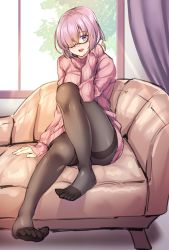 Rule 34 | adjusting hair, alternate costume, bad id, bad pixiv id, couch, curtains, fate/grand order, fate (series), feet, glasses, hair over one eye, highres, legs, light purple hair, long sleeves, mash kyrielight, no shoes, pantyhose, ribbed sweater, shirokuma a, short hair, sitting, soles, solo, sweater, thighband pantyhose, window