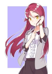 Rule 34 | 1girl, absurdres, birthday, commentary request, engawa (rarenago), hair ornament, highres, jacket, long hair, looking at viewer, love live!, love live! sunshine!!, red hair, sakurauchi riko, short sleeves, solo, upper body, watch, yellow eyes