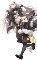 Rule 34 | 2girls, absurdres, age difference, ak-alfa, ak-alfa (girls&#039; frontline), assault rifle, black gloves, black hairband, character name, covered mouth, dual persona, flying sweatdrops, gas mask, girls&#039; frontline, gloves, grey legwear, gun, hairband, highres, holding, holding gun, holding weapon, jacket, long hair, mary janes, mask, multiple girls, navel, open clothes, open jacket, orange eyes, pantyhose, rifle, rui (rei leyi), see-through, see-through jacket, shoes, silver hair, sleeves past wrists, thermos, trigger discipline, very long hair, weapon