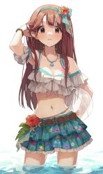 Rule 34 | absurdres, adjusting hair, arm up, blue skirt, bow, breasts, brown eyes, brown hair, cleavage, collarbone, flower, frilled skirt, frilled swimsuit, frills, hair bow, hair flower, hair ornament, hairband, hano9789, highres, idolmaster, idolmaster million live!, idolmaster million live! theater days, jewelry, light blush, long hair, looking at viewer, medium breasts, navel, necklace, parted lips, shell, shell necklace, skirt, solo, standing, stomach, swimsuit, tanaka kotoha, water, wet, wrist straps