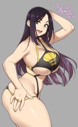 Rule 34 | 1girl, 2021, agawa ryou, bikini, black bikini, black hair, breasts, cleavage, dated, from side, green eyes, grey background, huge breasts, long hair, looking at viewer, original, purple hair, simple background, skindentation, smile, solo, swimsuit, thick thighs, thighs