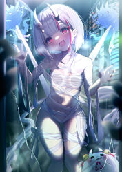 Rule 34 | 1girl, absurdres, bandages, halloween, highres, hololive, looking at viewer, nakiri ayame, open mouth, red eyes, short hair, solo, terra bose, virtual youtuber, white hair