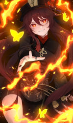 Rule 34 | 1girl, 30885052, absurdres, black coat, black hat, black nails, black shorts, breasts, brown hair, bug, butterfly, chinese clothes, coat, cowboy shot, fire, flower, genshin impact, grin, hair between eyes, hair flower, hair ornament, happy, hat, highres, hu tao (genshin impact), insect, jewelry, long hair, long sleeves, looking at viewer, multiple rings, nail polish, plum blossoms, red eyes, ring, shirt, short shorts, shorts, small breasts, smile, solo, star-shaped pupils, star (symbol), symbol-shaped pupils, tailcoat, tassel, thighs, tooth, twintails, very long hair, wide sleeves