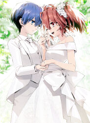 2girls akuma_no_riddle azuma_tokaku bare_shoulders blue_hair bride dress expressionless flower groom hair_flower hair_ornament highres holding_hands ichinose_haru jewelry minakata_sunao multiple_girls one_eye_closed red_hair ring short_hair smile tears twintails wedding wedding_dress