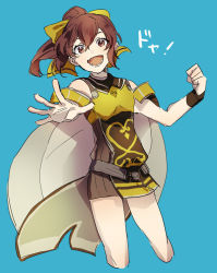 Rule 34 | !, 1girl, bad id, bad pixiv id, bare shoulders, blue background, bow, brown eyes, brown hair, cape, delthea (fire emblem), fangs, fire emblem, fire emblem echoes: shadows of valentia, ioko (10k0), nintendo, open mouth, ponytail, simple background, solo, teeth, thighs, upper body