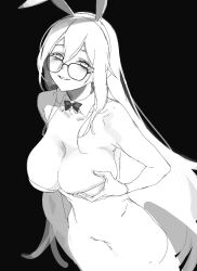 Rule 34 | 1girl, akane (blue archive), akane (bunny) (blue archive), animal ears, blue archive, bow, bowtie, breasts, detached collar, fake animal ears, glasses, gloves, greyscale, hair between eyes, highres, kawatiw, large breasts, leotard, long hair, looking at viewer, monochrome, parted lips, playboy bunny, rabbit ears, simple background, sketch, solo, strapless, strapless leotard, very long hair