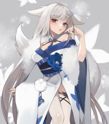 Rule 34 | 1girl, animal ears, atori (piscis), bell, blue eyes, blue nails, blush, breasts, cleavage, commission, flower, fox ears, fox girl, fox tail, fur (clothing), hair flower, hair ornament, hand up, highres, indie virtual youtuber, japanese clothes, jingle bell, kimono, large breasts, long hair, looking at viewer, mole, mole under eye, neck bell, obi, parted lips, sakae izumi, sash, second-party source, skeb commission, solo, tail, tassel, thighhighs, very long hair, virtual youtuber, white hair, white kimono, white thighhighs