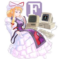 Rule 34 | 1girl, blonde hair, breasts, closed mouth, commentary, computer, crt, dress, english commentary, fortran, full body, hat, hat ribbon, highres, juliet sleeves, keyboard (computer), large breasts, long sleeves, medium hair, mob cap, monitor, print tabard, profitshame, puffy sleeves, purple eyes, purple tabard, red ribbon, ribbon, simple background, solo, tabard, touhou, white background, white dress, white hat, wide sleeves, yakumo yukari