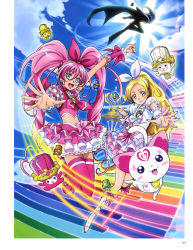 Rule 34 | :d, absurdres, arm up, blonde hair, blue eyes, boots, bow, cat, choker, cure melody, cure muse (black), cure rhythm, detached sleeves, dress, earrings, green eyes, hair bow, hair ribbon, hairband, heart, heart earrings, high ponytail, highres, hummy (suite precure), jewelry, knee boots, layered dress, layered skirt, long hair, looking at viewer, midriff, open mouth, pink hair, precure, red legwear, red ribbon, ribbon, ribbon choker, short sleeves, skirt, sleeveless, smile, suite precure, takahashi akira, thighhighs, twintails, very long hair, white dress, white footwear, white hairband, white ribbon, zettai ryouiki