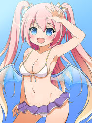 Rule 34 | 00s, 1girl, angelic buster, bikini, blue eyes, blush, breasts, cleavage, fang, gradient background, long hair, looking at viewer, maplestory, navel, nekono rin, open mouth, pink hair, smile, solo, swimsuit, twintails, two side up