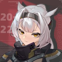 Rule 34 | 1girl, absurdres, animal ears, arknights, black hairband, black jacket, chinese text, closed mouth, commission, english text, eyelashes, grey hair, hair intakes, hairband, highres, jacket, long hair, looking at viewer, mole, mole under eye, mouse ears, official alternate costume, orange eyes, ponytail, portrait, qingshiliu, red background, scavenger (arknights), scavenger (survive) (arknights), smile, solo, tsurime