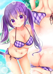 Rule 34 | 1girl, :o, arm under breasts, beach, bikini, blue sky, blush, breast hold, breasts, cleavage, cloud, collarbone, commentary request, day, gluteal fold, gochuumon wa usagi desu ka?, hair between eyes, large breasts, leaning forward, long hair, multiple views, navel, outdoors, palm tree, parted lips, plaid, plaid bikini, purple bikini, purple eyes, purple hair, rikatan, sand, side-tie bikini bottom, sidelocks, sky, swimsuit, tedeza rize, tree, twintails, very long hair, water