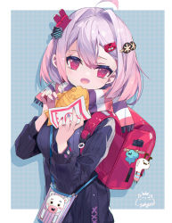 Rule 34 | 1girl, @ @, backpack, bag, bag charm, black dress, blue nails, blush, breasts, charm (object), commentary request, dress, fang, food, gradient hair, hair between eyes, hands up, highres, holding, holding food, jiujiuyatou (yayanzz), medium breasts, multicolored hair, multicolored nails, nail polish, open mouth, original, pink hair, purple hair, randoseru, red eyes, red nails, ribbed dress, signature, solo, taiyaki, tiger hair ornament, wagashi
