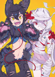 Rule 34 | 2girls, animal costume, animal ears, animal hands, bandage over one eye, black hair, black pants, breasts, claw pose, closed mouth, commentary request, cowboy shot, cowlick, crop top, crossed bangs, fake animal ears, fake tail, fangs, flat chest, fur trim, gloves, groin, hair between eyes, hair intakes, half gloves, halloween, halloween costume, highres, long hair, looking at viewer, midriff, mitsue (satoma makoto), multiple girls, mummy costume, navel, open mouth, original, pants, paw gloves, red eyes, red gloves, satoma makoto, sharp teeth, short hair with long locks, sidelocks, signature, simple background, small breasts, standing, tail, teeth, thick eyebrows, torn clothes, torn pants, tsukiyomi (satoma makoto), white hair, wolf costume, wolf ears, wolf tail, yellow background, yellow eyes