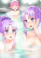 Rule 34 | 3girls, aunt and niece, blush, breasts, medea (fate), medea (lily) (fate), circe (fate), cleavage, collarbone, closed eyes, fate/grand order, fate (series), hair over breasts, hair up, highres, hiyoko biimu, lipstick, makeup, medium breasts, multiple girls, nose blush, nude, onsen, open mouth, pointy ears, ponytail, purple eyes, purple hair, purple lips, reflection, sidelocks, signature, small breasts, steam, time paradox, towel, towel on head, water, wet, white towel