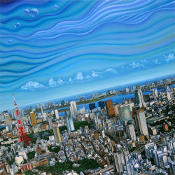 Rule 34 | aqui (demekingu), city, cityscape, cloud, dutch angle, no humans, ocean, oil painting (medium), painting (medium), real world location, scenery, sky, tokyo (city), tokyo tower, traditional media