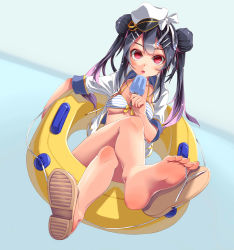 Rule 34 | 1girl, absurdres, artist request, barefoot, between toes, bikini, black hair, character request, crossed legs, feet, flip-flops, food, foot focus, hair ornament, hairclip, hat, highres, holding with feet, lifebuoy, long hair, looking at viewer, popsicle, pov, red eyes, sandals, shoe dangle, soles, swim ring, swimsuit, toes, tongue, tongue out, twintails