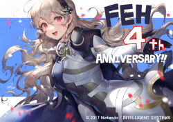 Rule 34 | 1girl, anniversary, armor, blue background, blue cape, blush, cape, commentary request, confetti, corrin (female) (fire emblem), corrin (fire emblem), cowboy shot, dutch angle, english text, fire emblem, fire emblem fates, fire emblem heroes, hair between eyes, hairband, long hair, looking at viewer, nintendo, pointy ears, red eyes, sencha (senchat), shadow, signature, simple background, smile, solo, teeth, two-tone background, upper teeth only, very long hair, watermark, white armor, white background, white hair