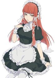 Rule 34 | 1girl, alternate costume, apron, black dress, closed mouth, dress, enmaided, frilled apron, frilled dress, frills, hair ribbon, isa (peien516), long hair, looking at viewer, maid, maid headdress, pantyhose, persona, persona 3, puffy short sleeves, puffy sleeves, red hair, ribbon, short sleeves, simple background, solo, waist apron, white apron, white background, white pantyhose, white ribbon, yellow eyes, yoshino chidori