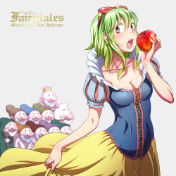 Rule 34 | 1girl, 6+boys, apple, blush, breasts, cleavage, cosplay, disney, dress, dwarf, dwarf (grimm), earrings, food, fruit, goggles, goggles on head, green eyes, green hair, gumi, hair between eyes, highres, jewelry, looking at viewer, multiple boys, nail polish, open mouth, puff and slash sleeves, puffy sleeves, short hair, simple background, snow white, snow white (cosplay), snow white (disney), snow white and the seven dwarfs, vocaloid, wokada