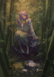Rule 34 | 1girl, absurdres, bamboo, bamboo forest, black eyes, black ribbon, chinese commentary, commentary request, cui (jidanhaidaitang), flower, flower on head, forest, fox mask, highres, holding, light purple hair, long hair, looking at viewer, mask, unworn mask, nature, neck ribbon, ribbon, sitting, solo, sunset, swept bangs, touhou, tsukumo benben
